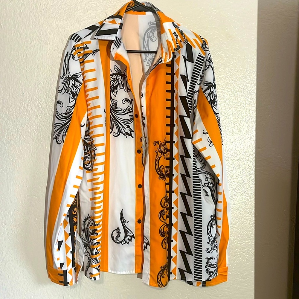 Black and orange men’s long sleeve button down shirt